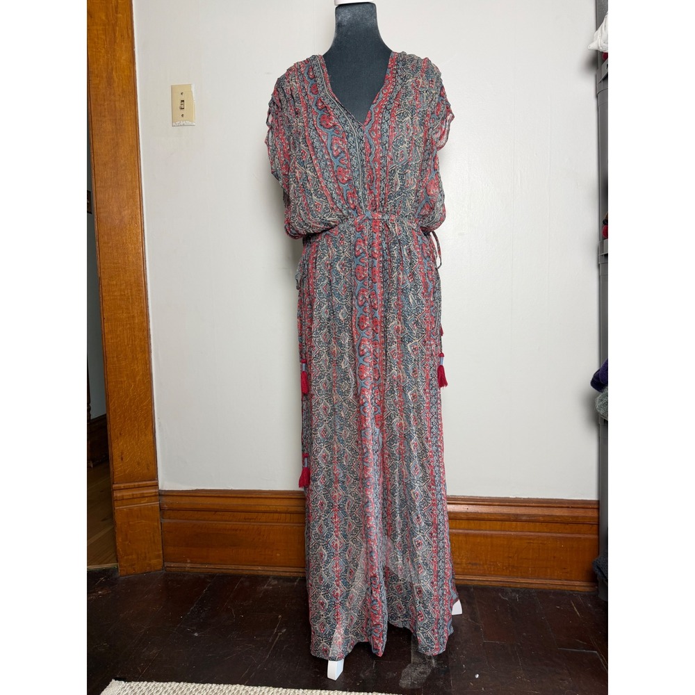 Maison Hotel XS Blue Red Paisley Print Tassel Drawstring V-Neck Maxi Dress